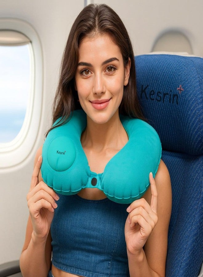 KESRINPLUS Kesrin+ Soft Inflatable Travel Pillow for Airplane - U Shaped Neck Pillow for Sleeping & Travelling, Press to Inflate, Portable Soft Fabric Travel Pillow for Flight, Car, Train, Bus & Office Nap - Image 1